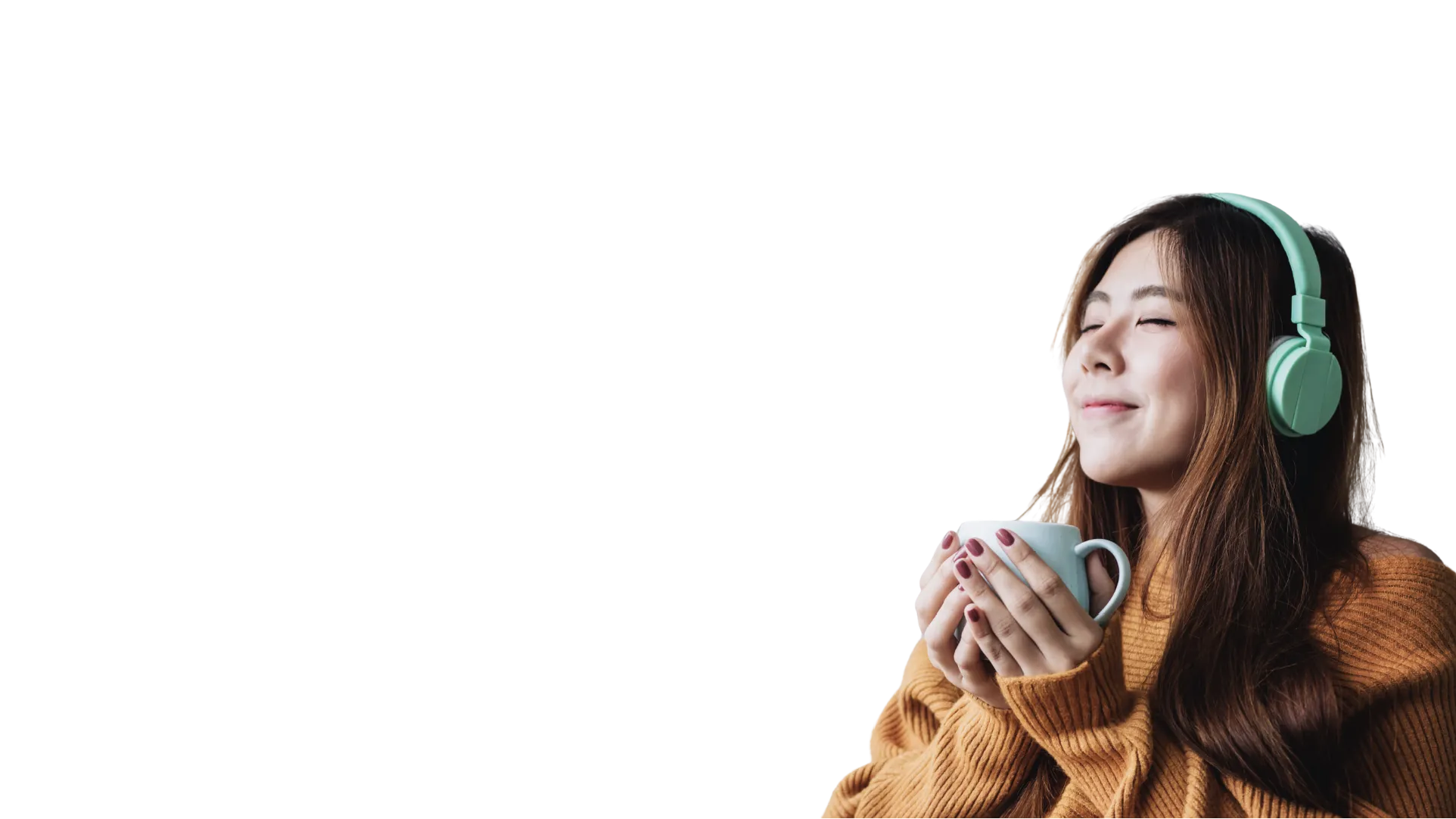 Young woman relaxing with headphones and coffee, symbolizing comfort, wellness, and support from Sagent Behavioral Health