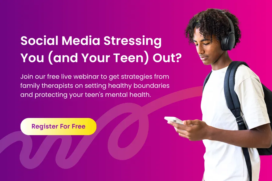 Promotional popup graphic for Sagent Behavioral Health's free Social Media and Your Teen webinar for parents.